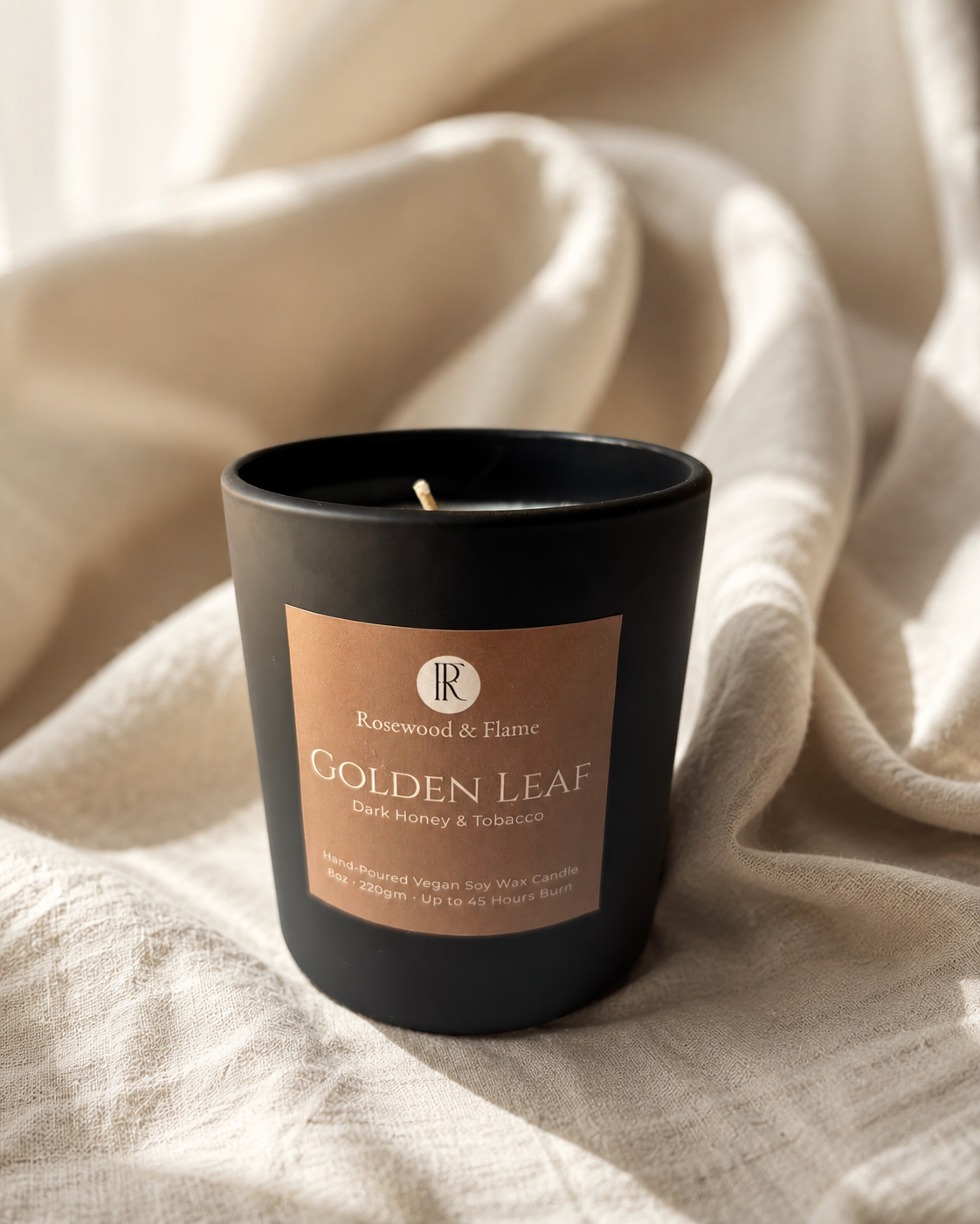 Golden Leaf -  Soy Wax Candle in Matte Black Glass Jar | 220g