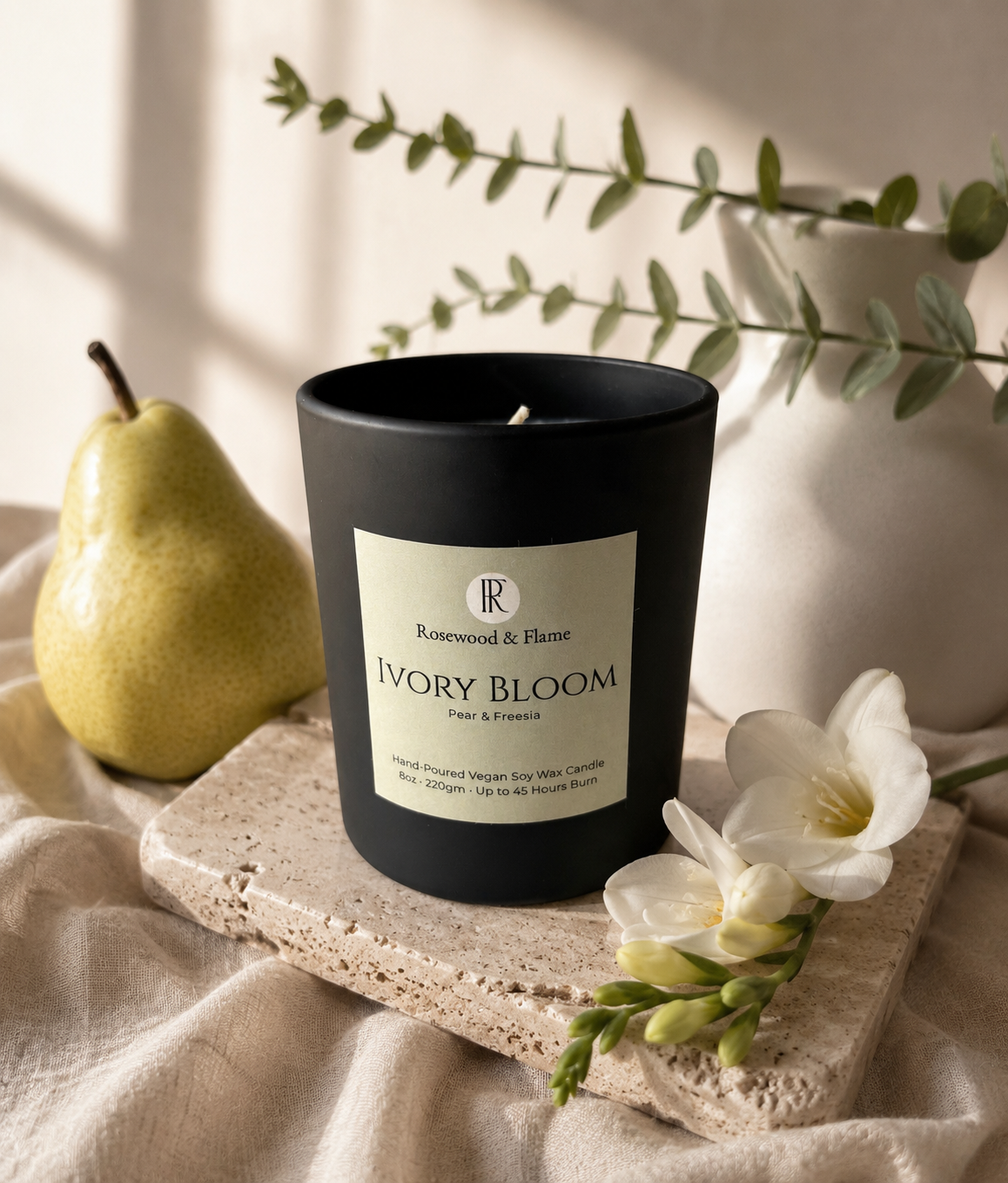 Ivory Bloom -  Soy Wax Candle in Matte Black Glass Jar | 220g