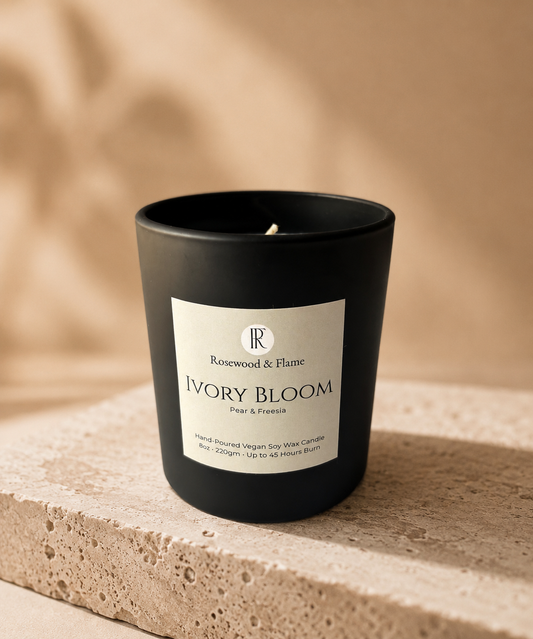 A matte black candle jar with a cream-colored label reading 'Rosewood & Flannel' and 'Ivory Bloom', placed on a textured stone surface against a warm beige background with soft leaf shadows.