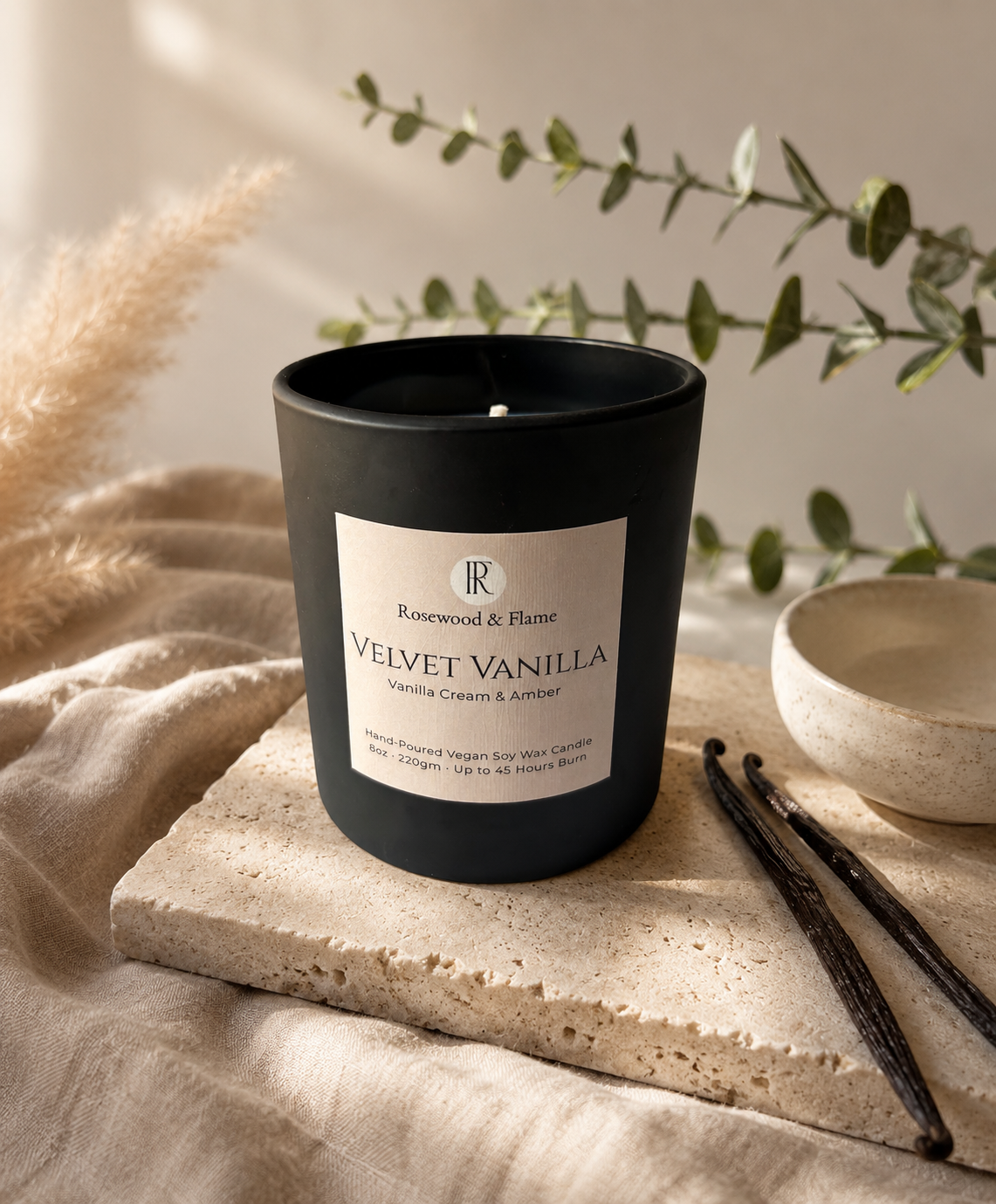 Velvet Vanilla - Soy Wax Candle in Matte Black Glass Jar | 220g